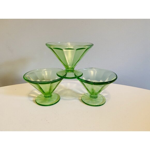 Set of 3 Federal Glass Green Uranium Depression Footed Sherbet Dessert Dish - Picture 7 of 9